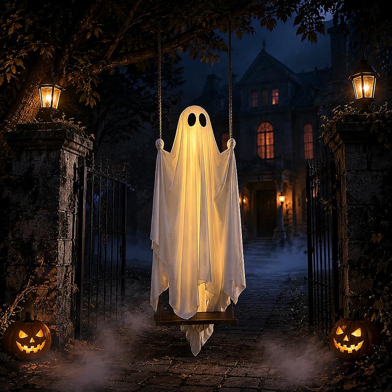 Light Up Hanging Ghost on a Swing Halloween Decoration