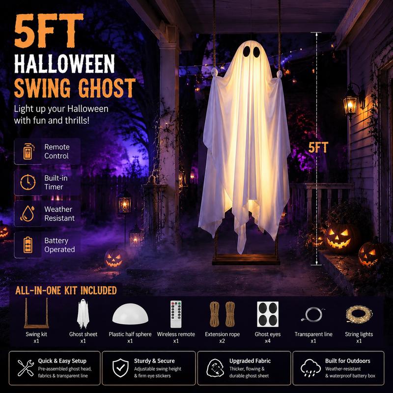 Light Up Hanging Ghost on a Swing Halloween Decoration