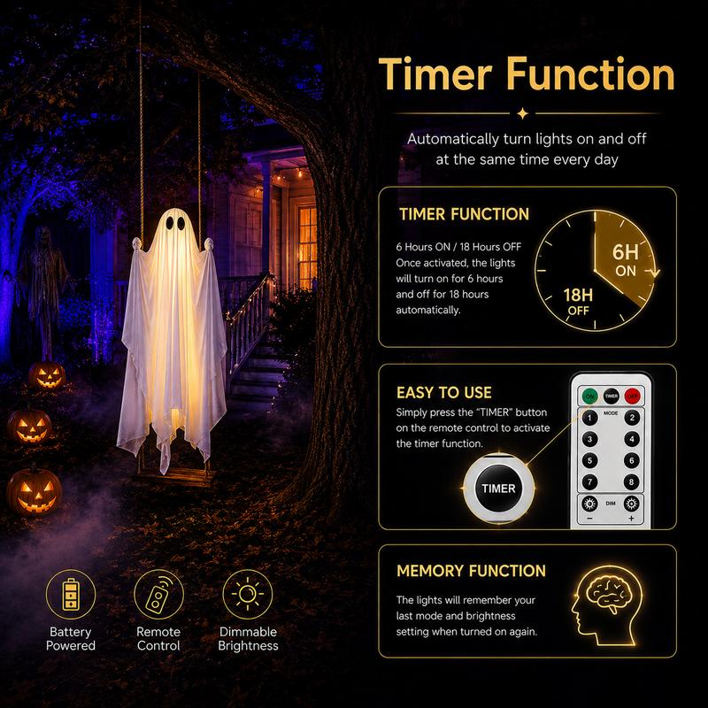 Light Up Hanging Ghost on a Swing Halloween Decoration